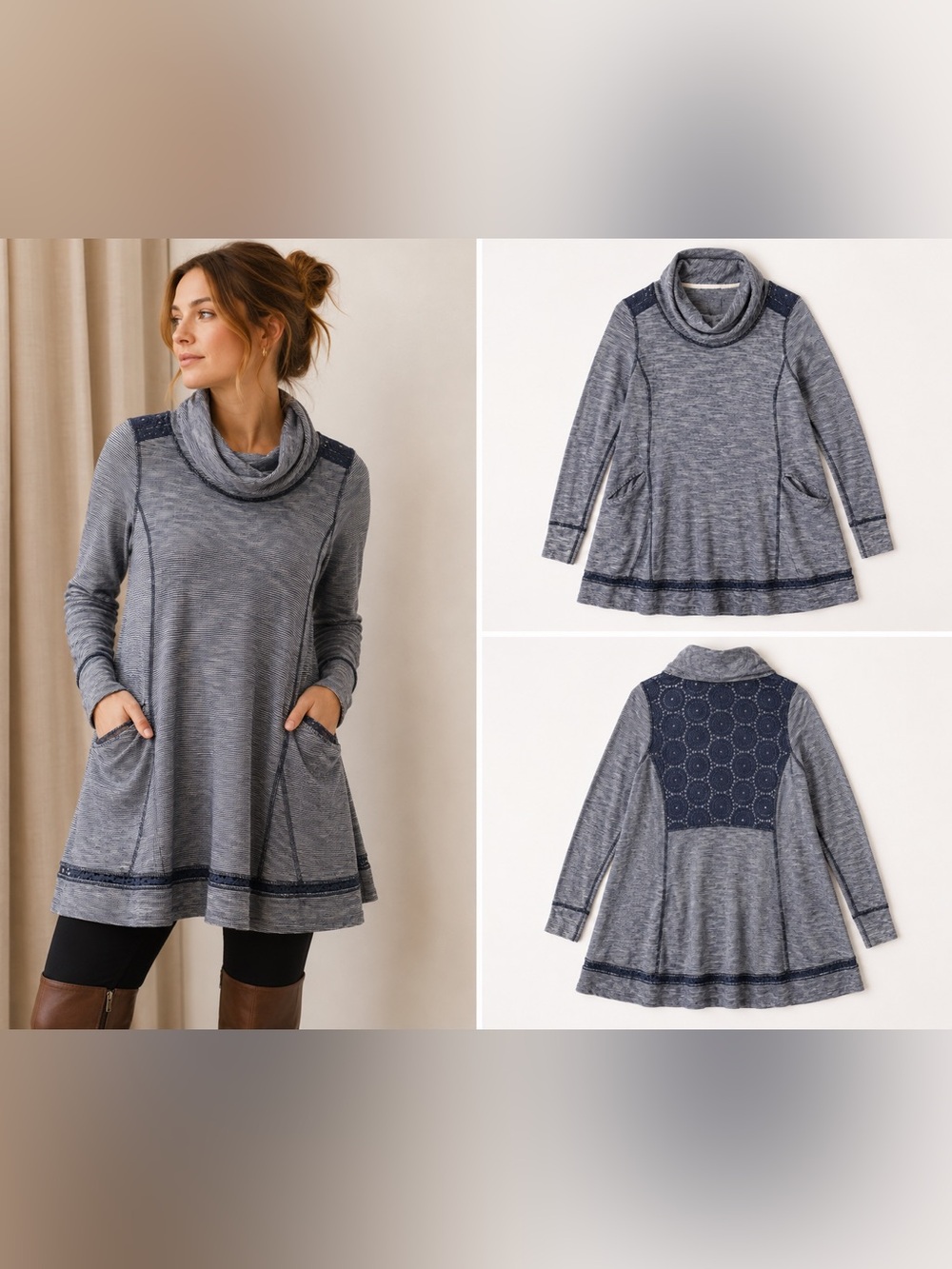 Saturday Sunday Anthropologie Cowl Neck Crochet Back Tunic Dress Blue XS